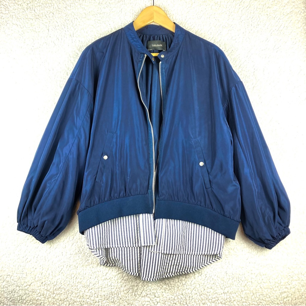 Zara Women's Water Repellent Bomber Jacket with Shirt Tail Hem Size L Blue